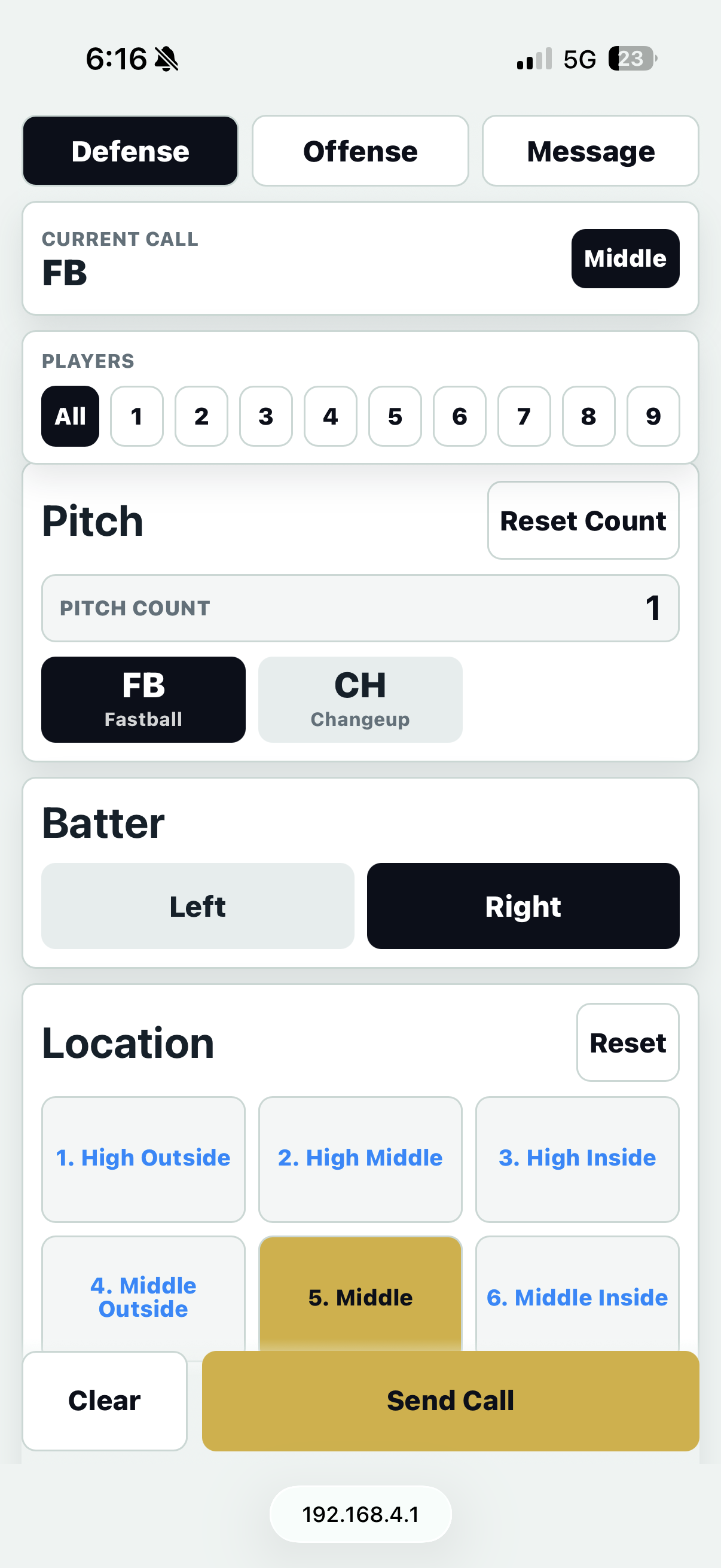 SignalBand electronic pitch calling defense screen with pitch and location controls