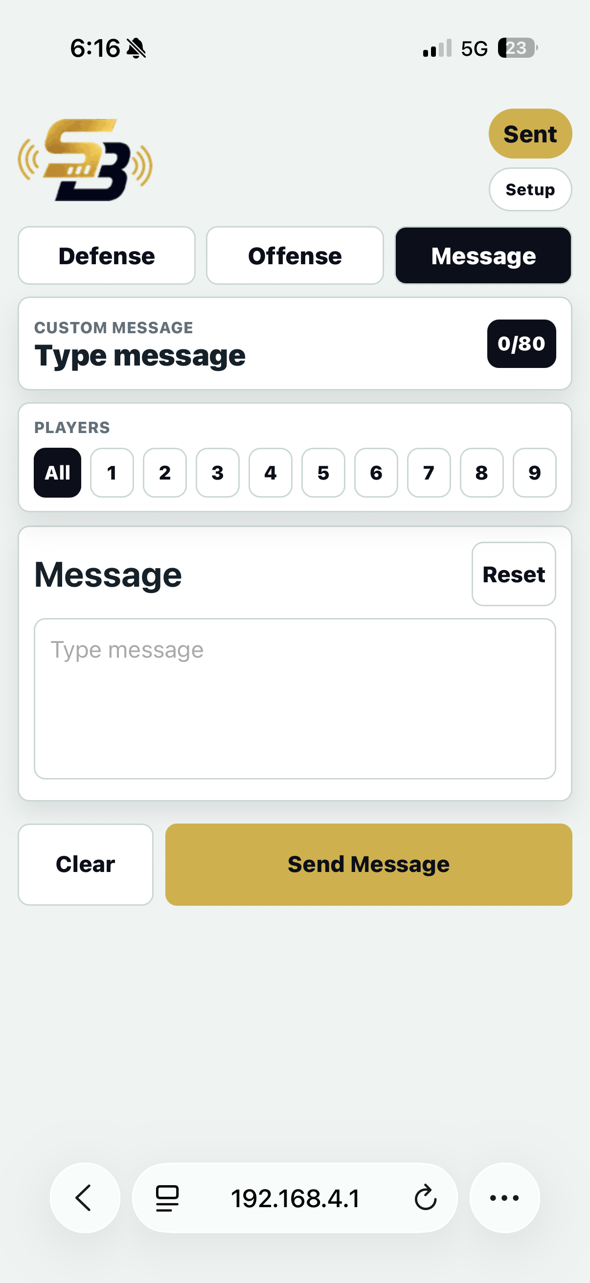 SignalBand team message screen for sending a custom message to watches