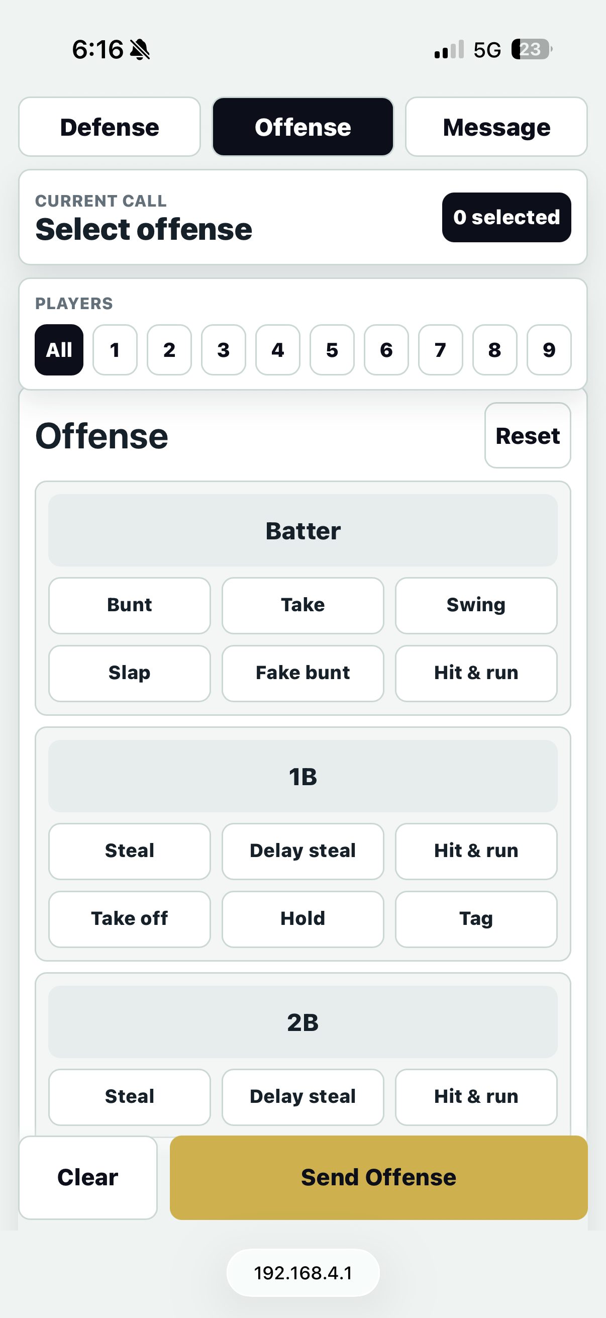SignalBand offense signal calling screen with batter and base runner controls