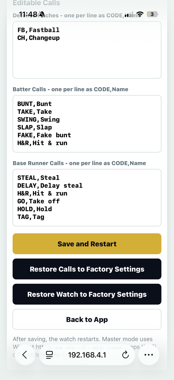 SignalBand editable calls setup screen with restore buttons