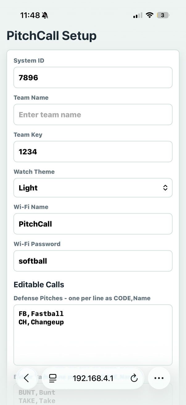 SignalBand setup screen with system ID team key Wi-Fi name and editable calls