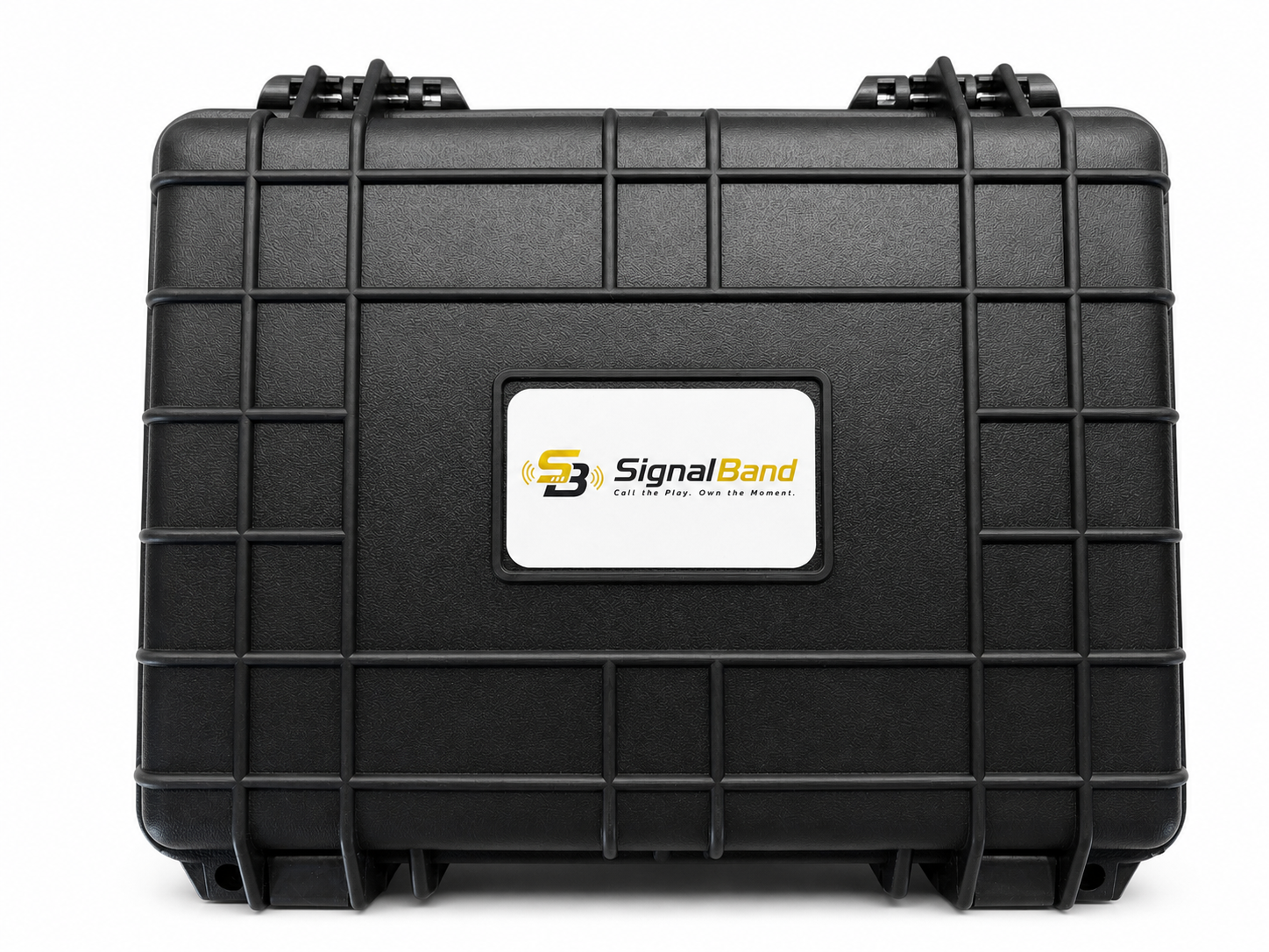 Closed compact rugged waterproof SignalBand carrying case on a white background