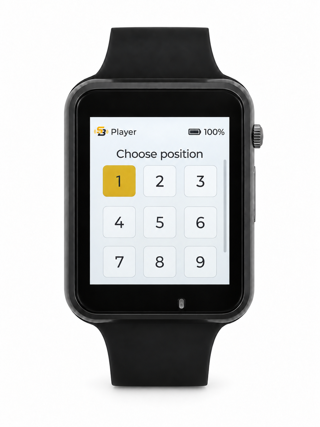 SignalBand watch player selection screen with positions 1 through 9 and position 1 selected